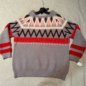 Geometric Patterned Gray and Red Sweater